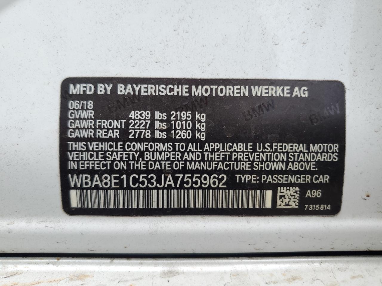 2018 BMW 330E VIN: WBA8E1C53JA755962 Lot: 81888975