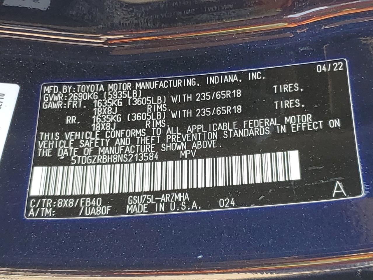 2022 Toyota Highlander Xle VIN: 5TDGZRBH8NS213584 Lot: 71607435