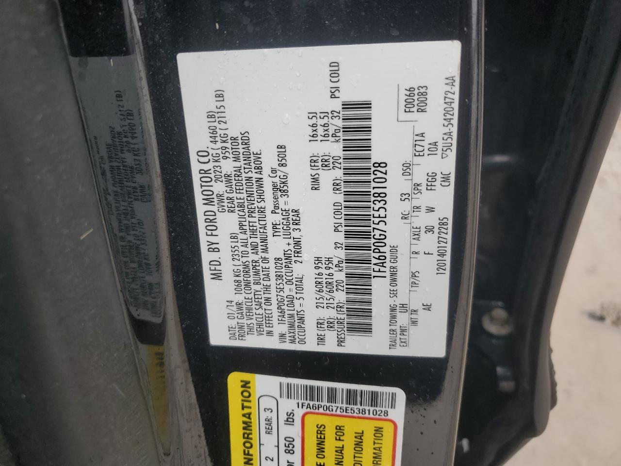 2014 Ford Fusion S VIN: 1FA6P0G75E5381028 Lot: 81492265