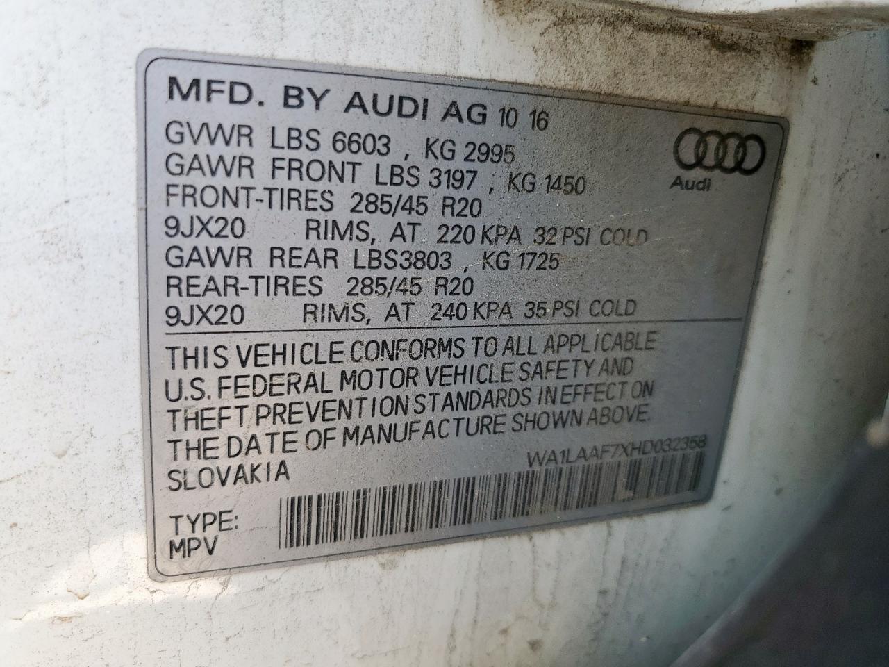 2017 Audi Q7 Premium Plus VIN: WA1LAAF7XHD032358 Lot: 70751805