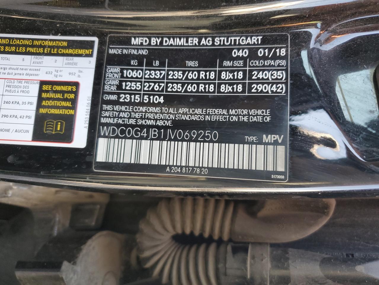 2018 Mercedes-Benz Glc 300 VIN: WDC0G4JB1JV069250 Lot: 81760865
