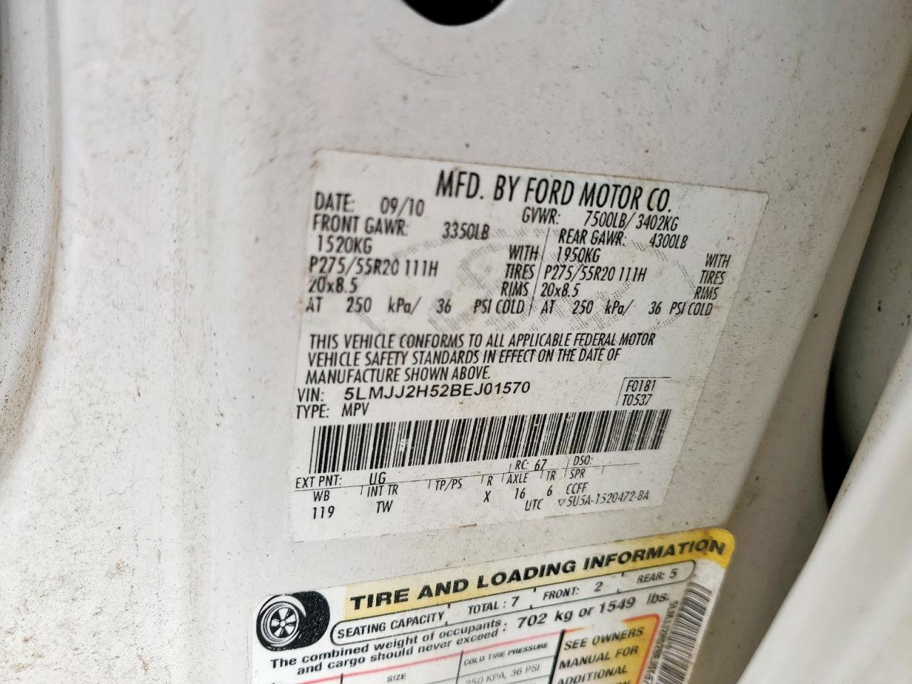 2011 Lincoln Navigator VIN: 5LMJJ2H52BEJ01570 Lot: 81738845