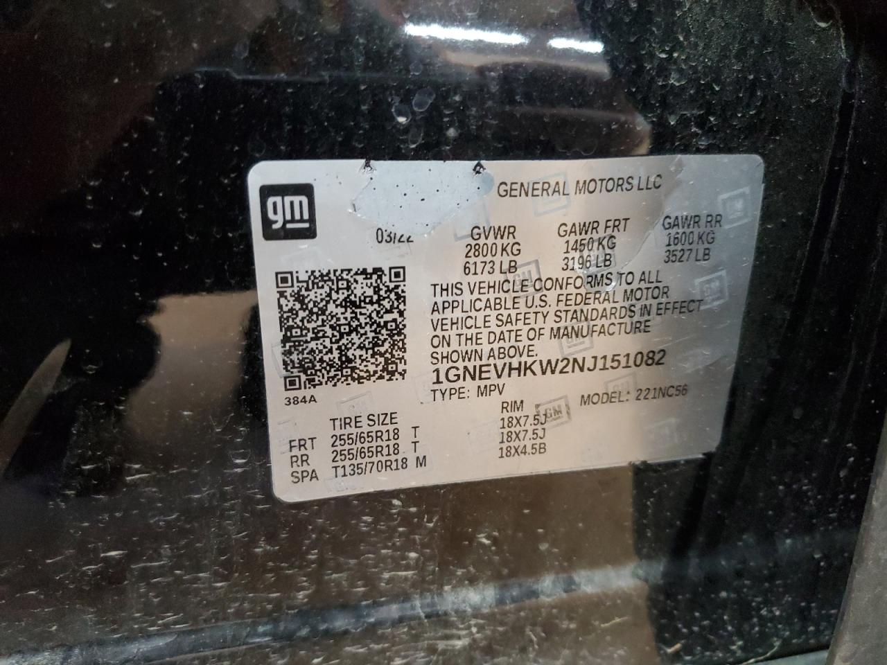 2022 Chevrolet Traverse Lt VIN: 1GNEVHKW2NJ151082 Lot: 80192175