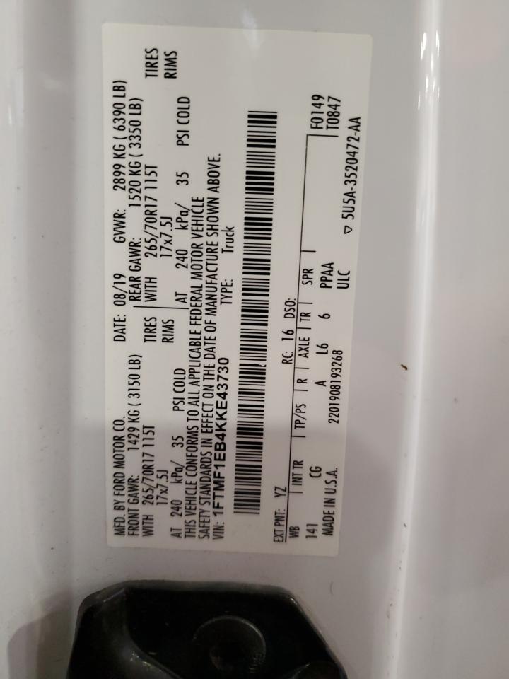 2019 Ford F150 VIN: 1FTMF1EB4KKE43730 Lot: 82100005