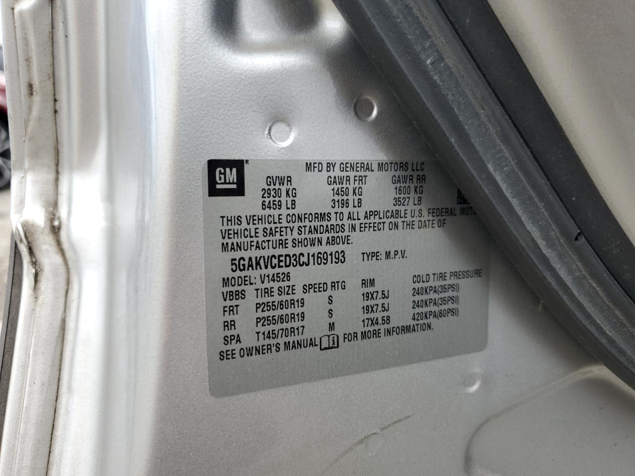 2012 Buick Enclave VIN: 5GAKVCED3CJ169193 Lot: 84208765