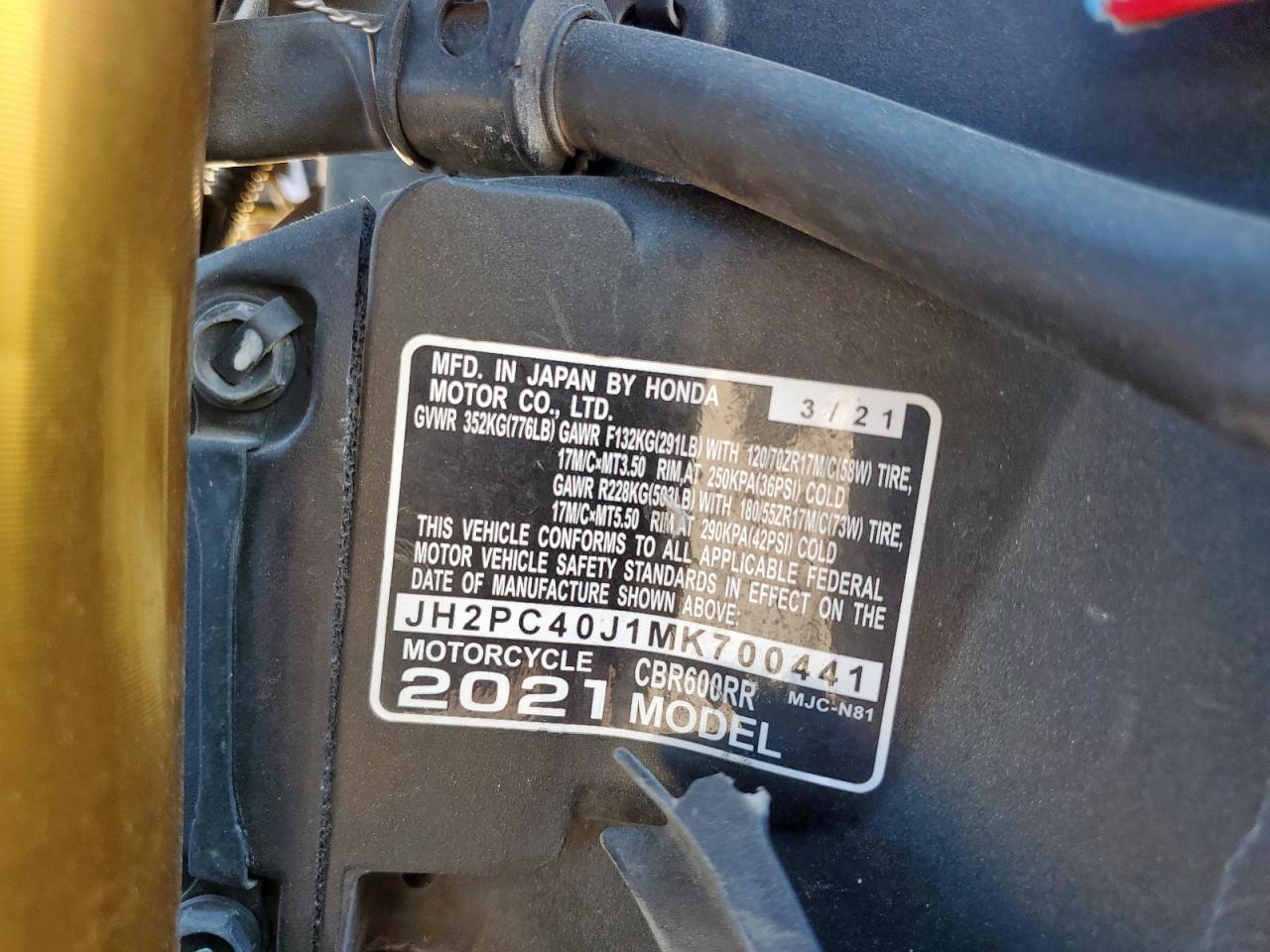 2021 Honda Cbr600 Rr VIN: JH2PC40J1MK700441 Lot: 71257605