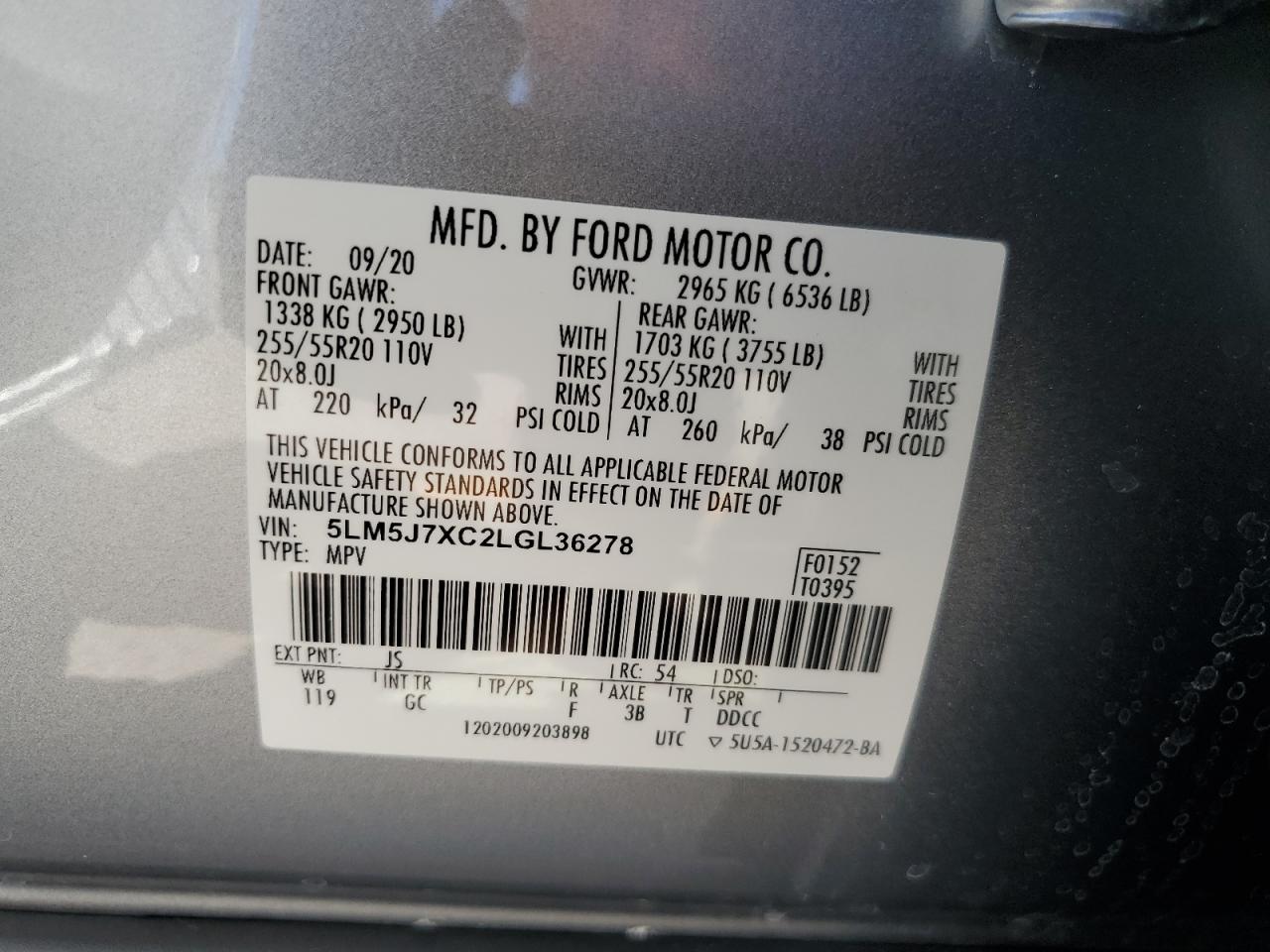 2020 Lincoln Aviator Reserve VIN: 5LM5J7XC2LGL36278 Lot: 80943915