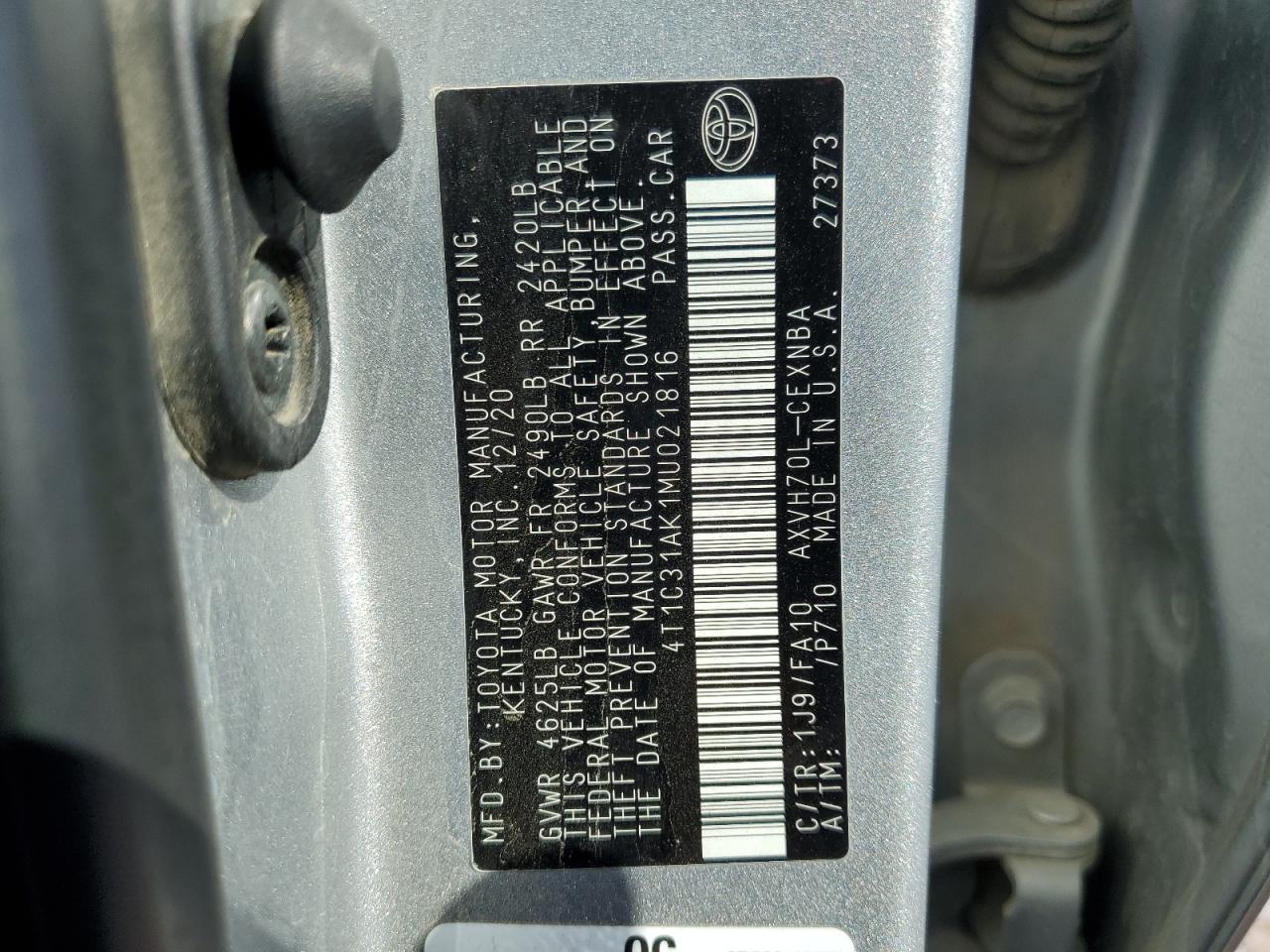 2021 Toyota Camry Le VIN: 4T1C31AK1MU021816 Lot: 82125225