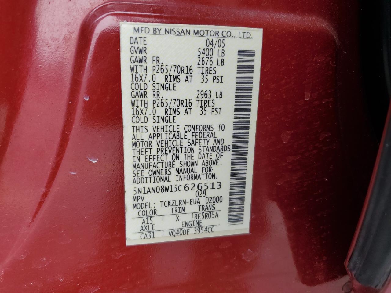 2005 Nissan Xterra Off Road VIN: 5N1AN08W15C626513 Lot: 81922195