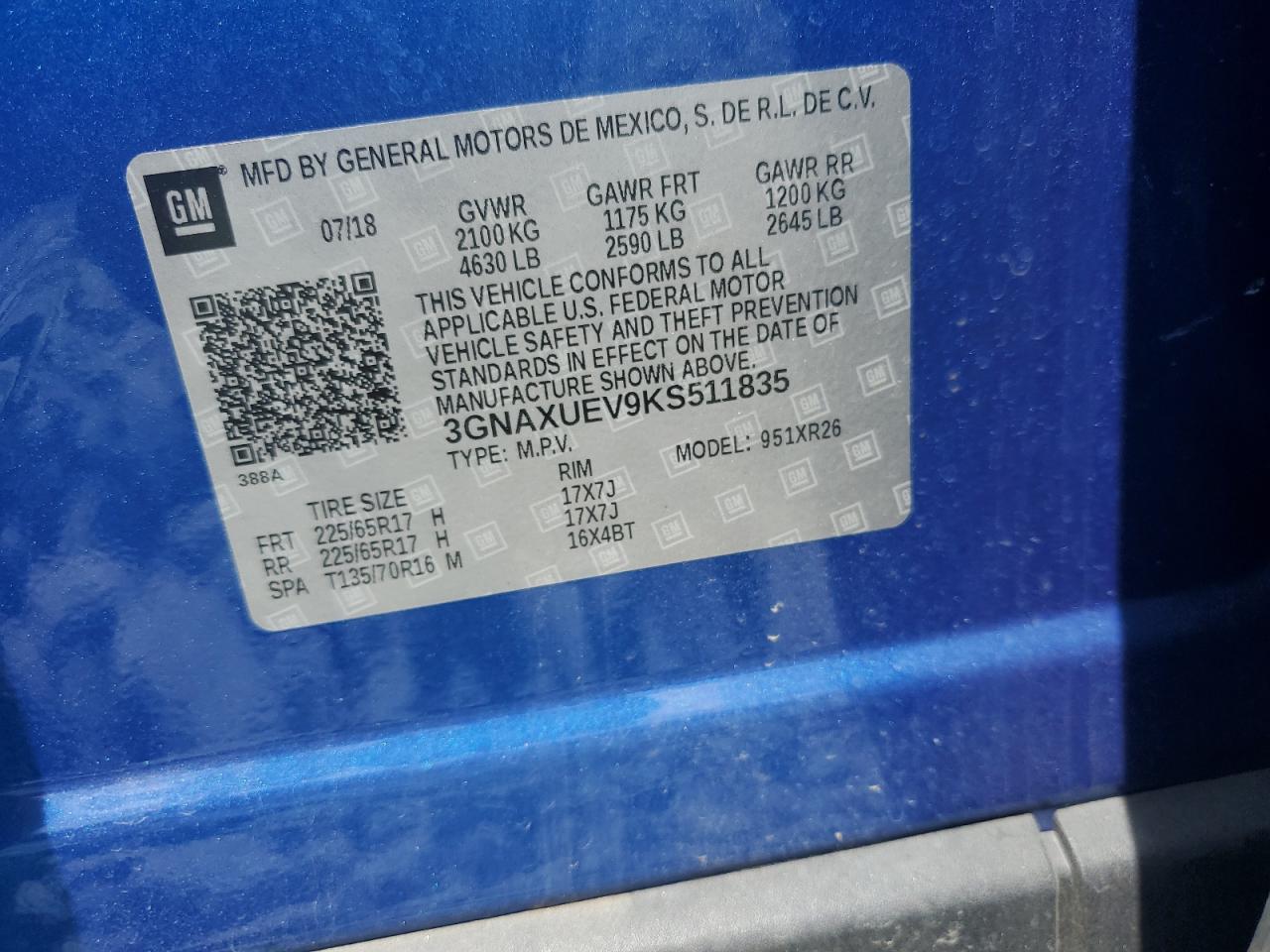 2019 Chevrolet Equinox Lt VIN: 3GNAXUEV9KS511835 Lot: 71321115