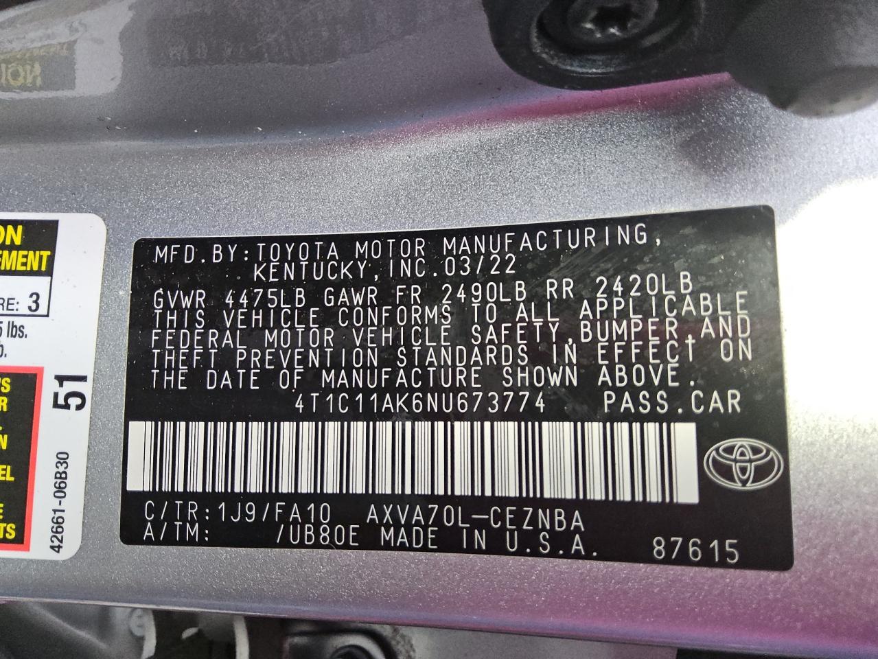 2022 Toyota Camry Le VIN: 4T1C11AK6NU673774 Lot: 81659715