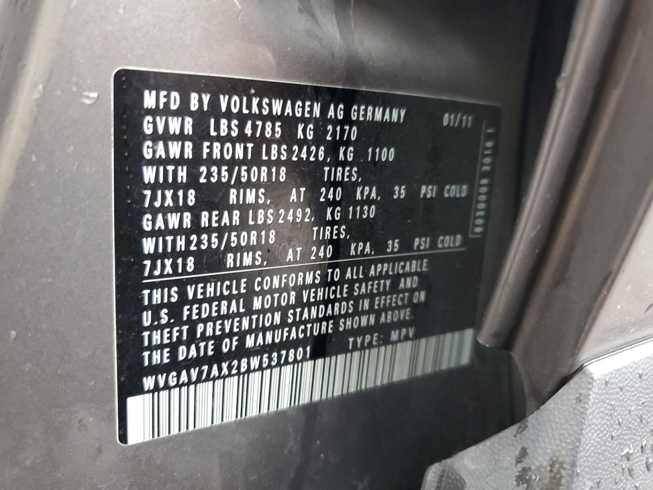 2011 Volkswagen Tiguan S VIN: WVGAV7AX2BW537801 Lot: 81484175