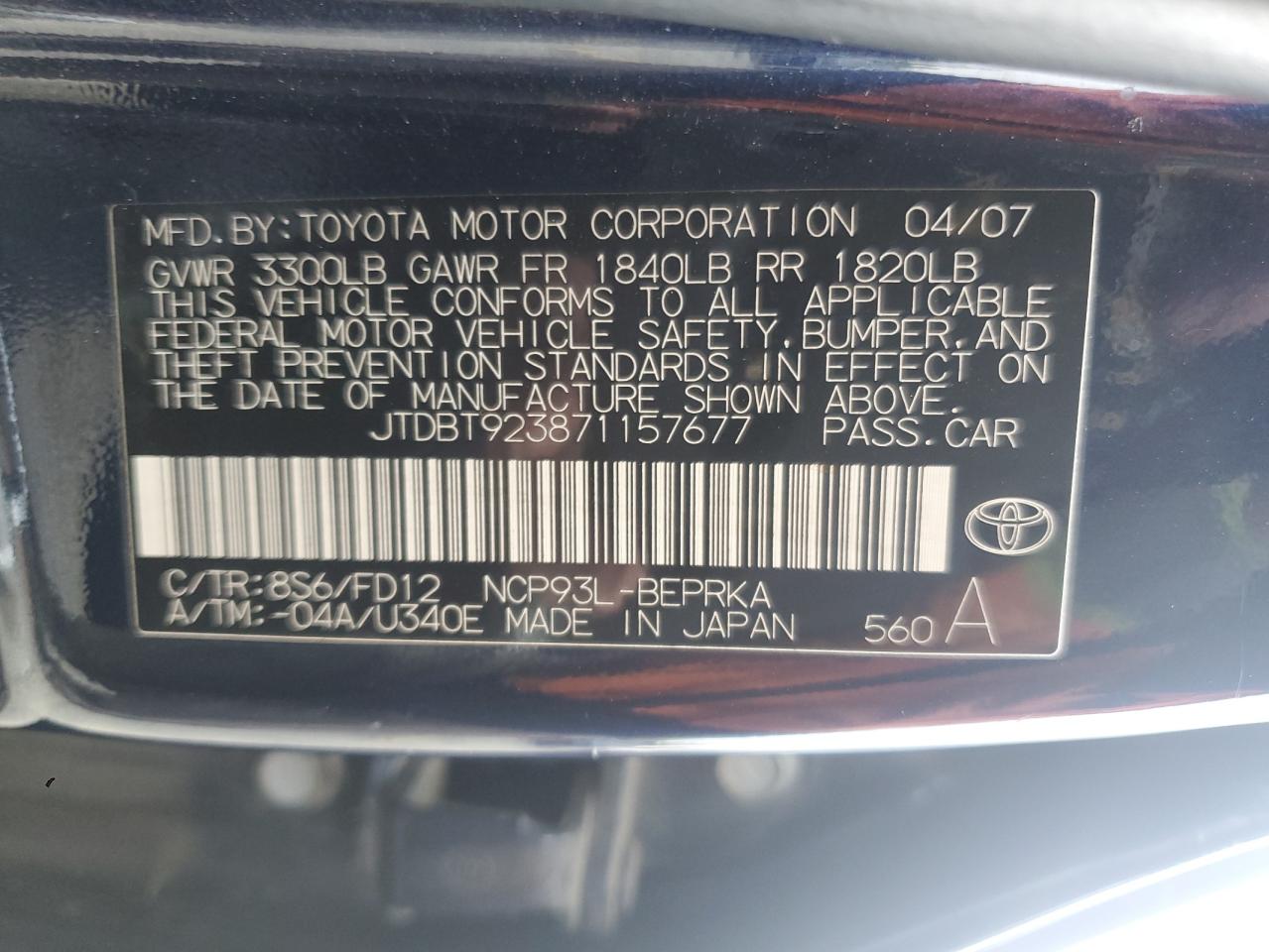 2007 Toyota Yaris VIN: JTDBT923871157677 Lot: 80375625