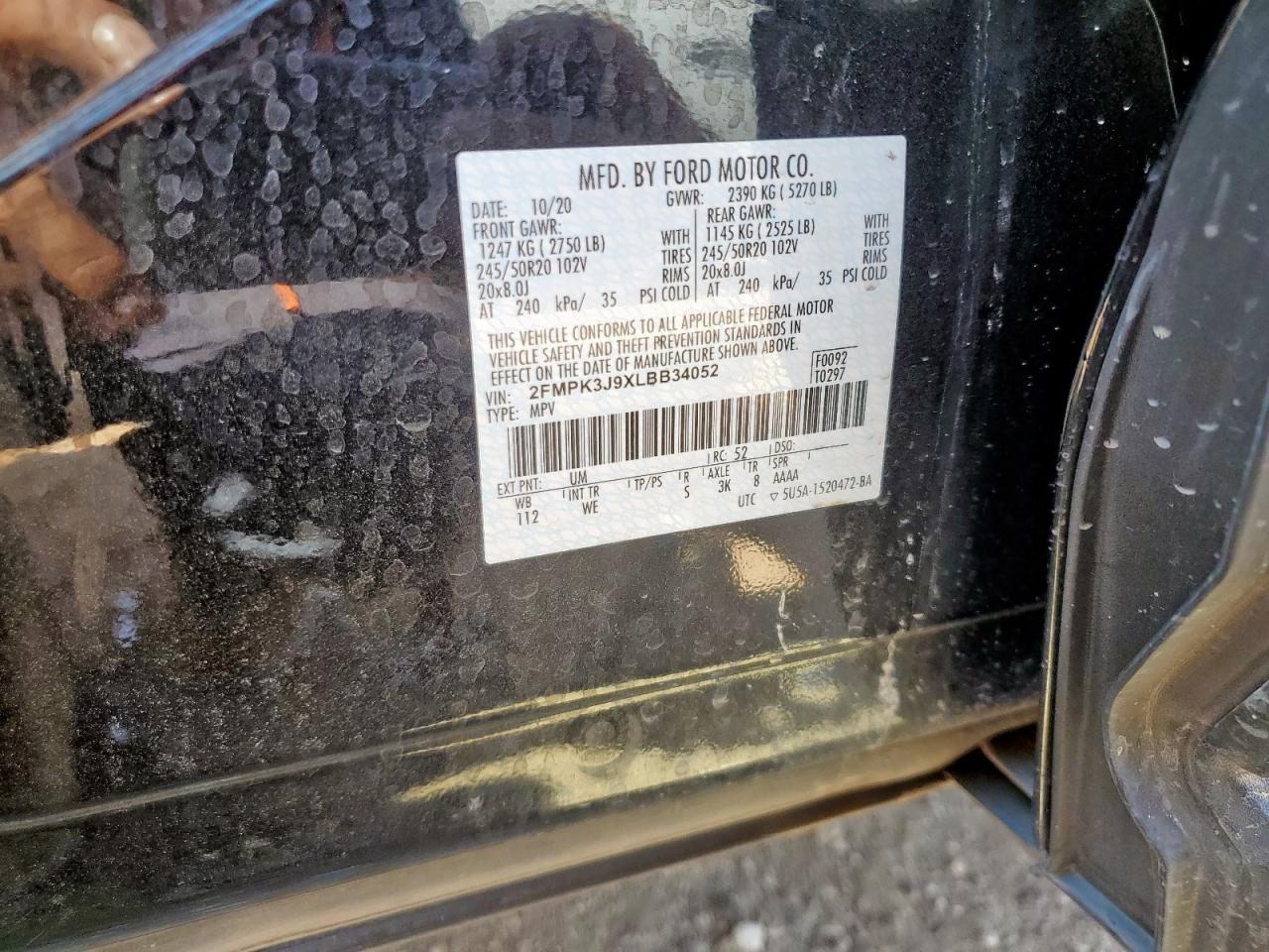 2020 Ford Edge Sel VIN: 2FMPK3J9XLBB34052 Lot: 70724365