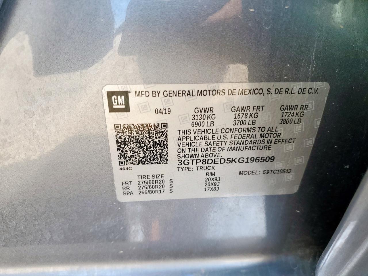 2019 GMC Sierra C1500 Slt VIN: 3GTP8DED5KG196509 Lot: 84194925