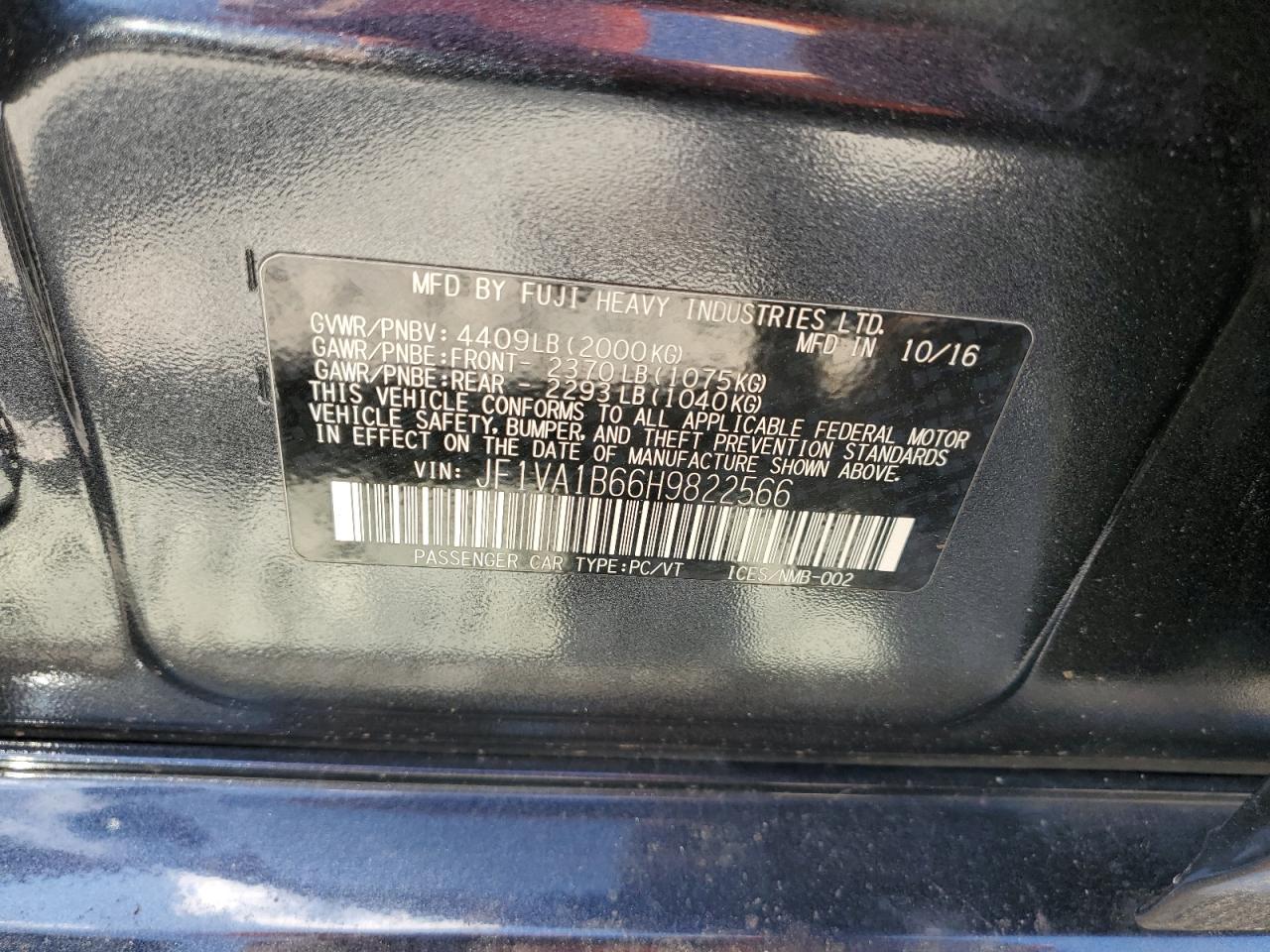 2017 Subaru Wrx VIN: JF1VA1B66H9822566 Lot: 71208115