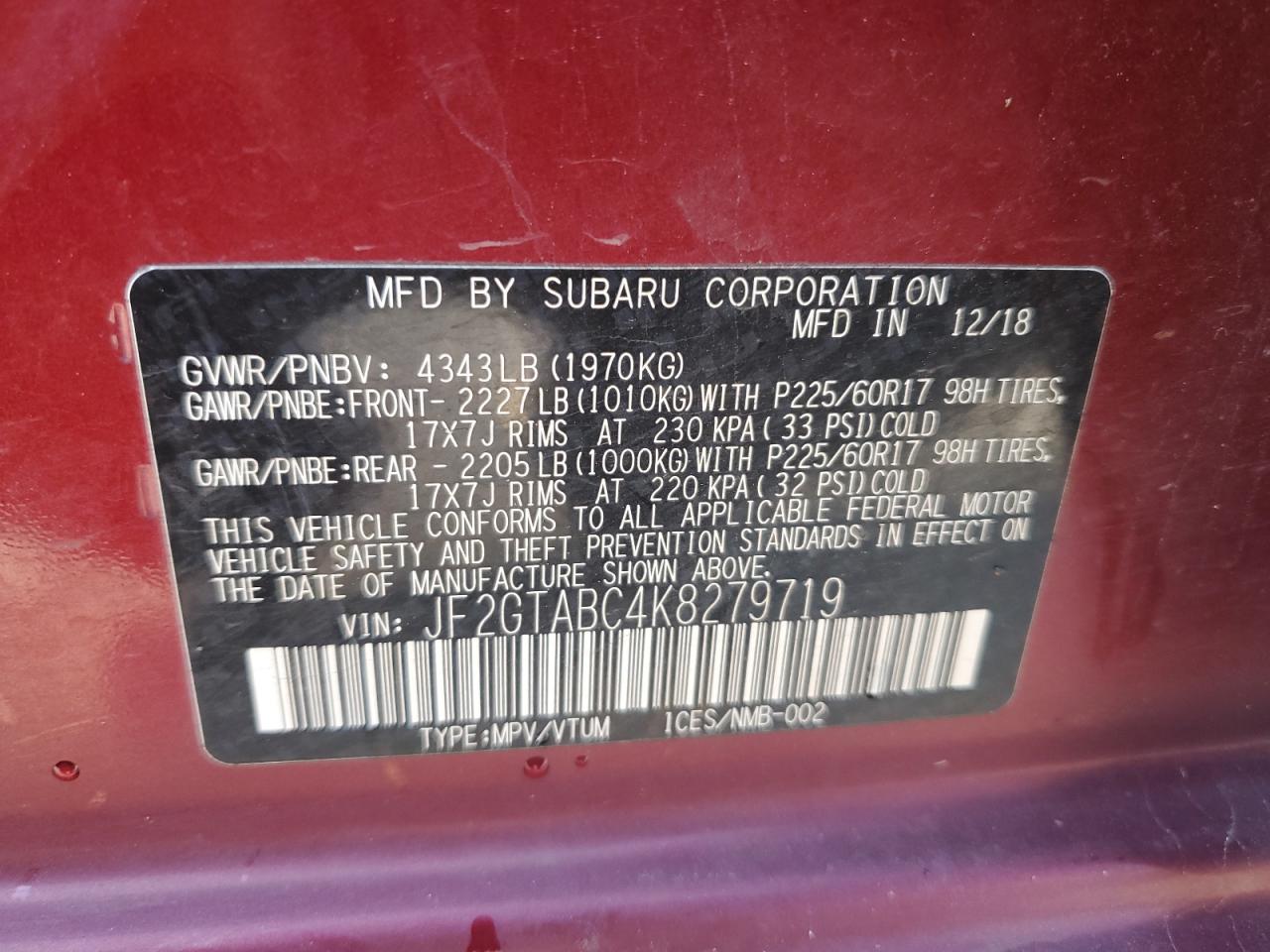 2019 Subaru Crosstrek VIN: JF2GTABC4K8279719 Lot: 71263145