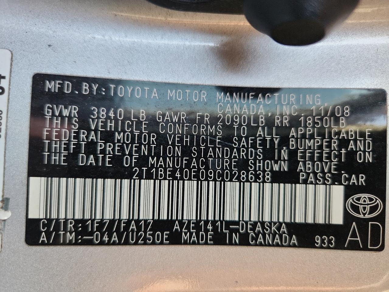 2009 Toyota Corolla Xrs VIN: 2T1BE40E09C028638 Lot: 71264845