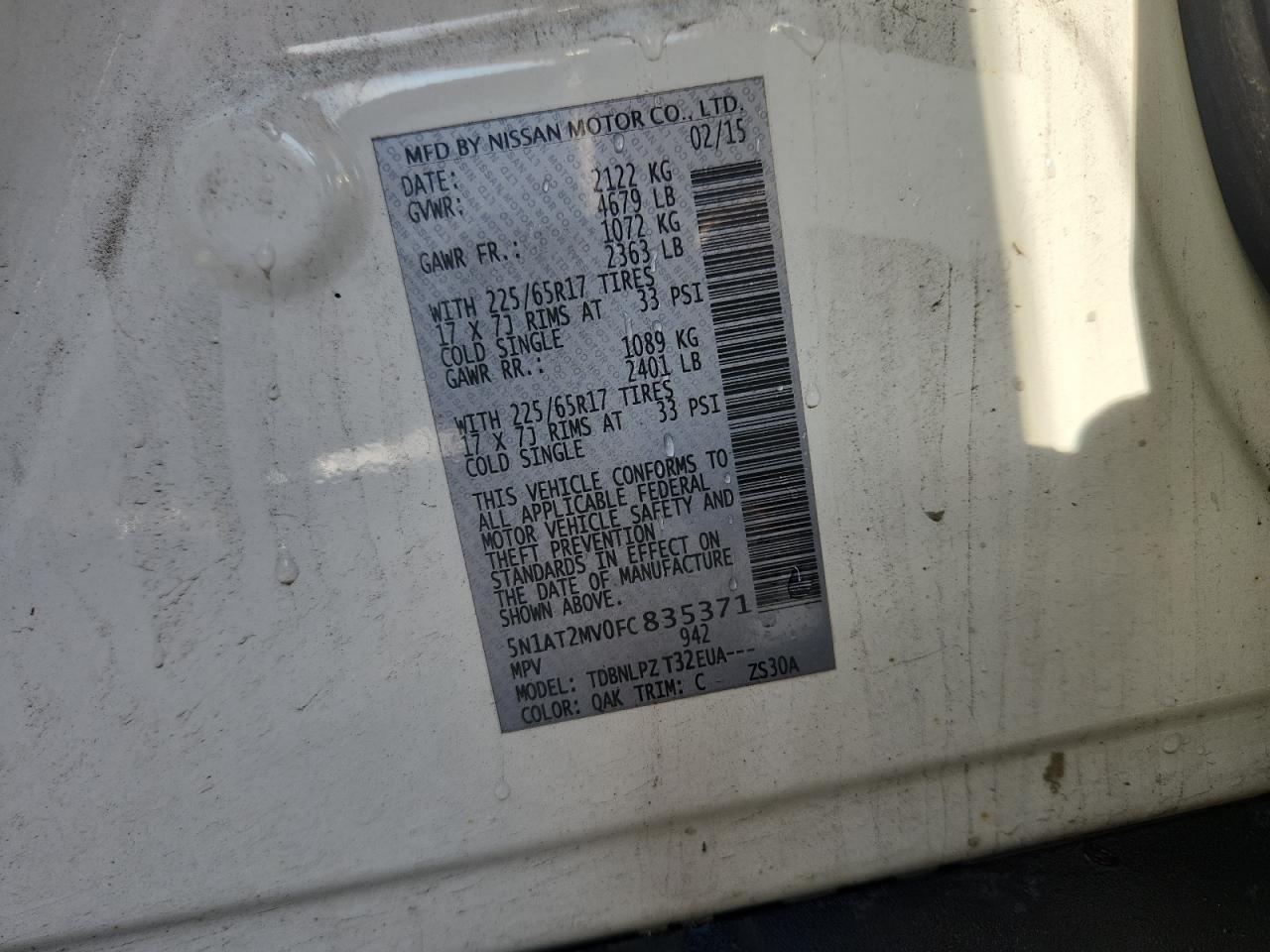 2015 Nissan Rogue S VIN: 5N1AT2MV0FC835371 Lot: 83878105