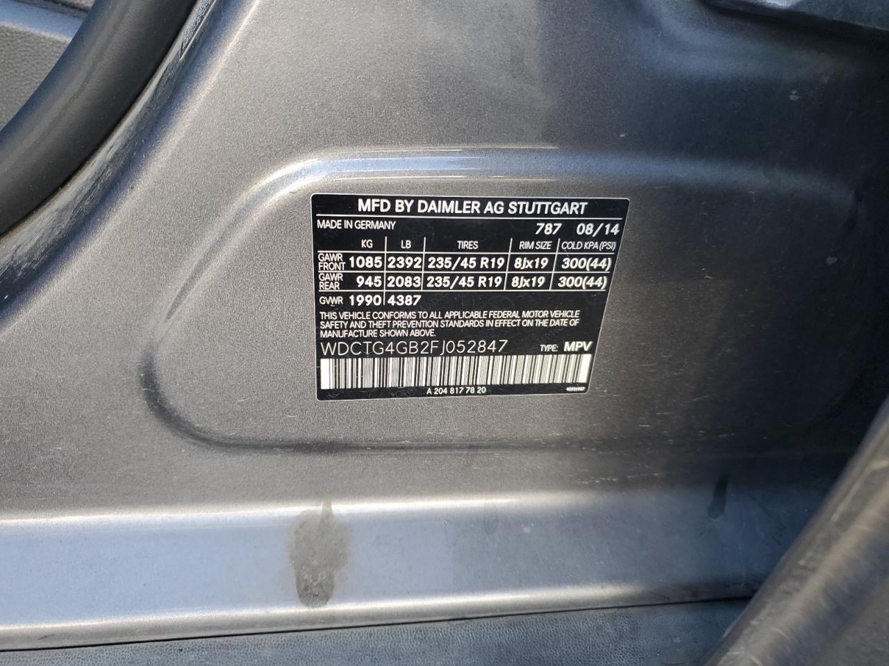2015 Mercedes-Benz Gla 250 4Matic VIN: WDCTG4GB2FJ052847 Lot: 81762255