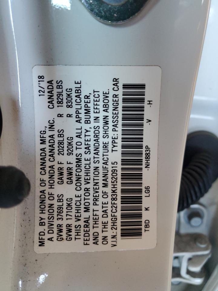 2019 Honda Civic Sport VIN: 2HGFC2F83KH520915 Lot: 81143845