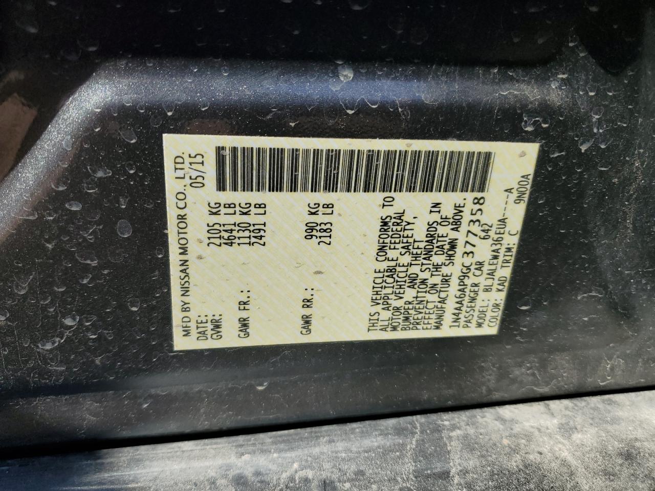 2016 Nissan Maxima 3.5S VIN: 1N4AA6AP9GC377358 Lot: 84016635