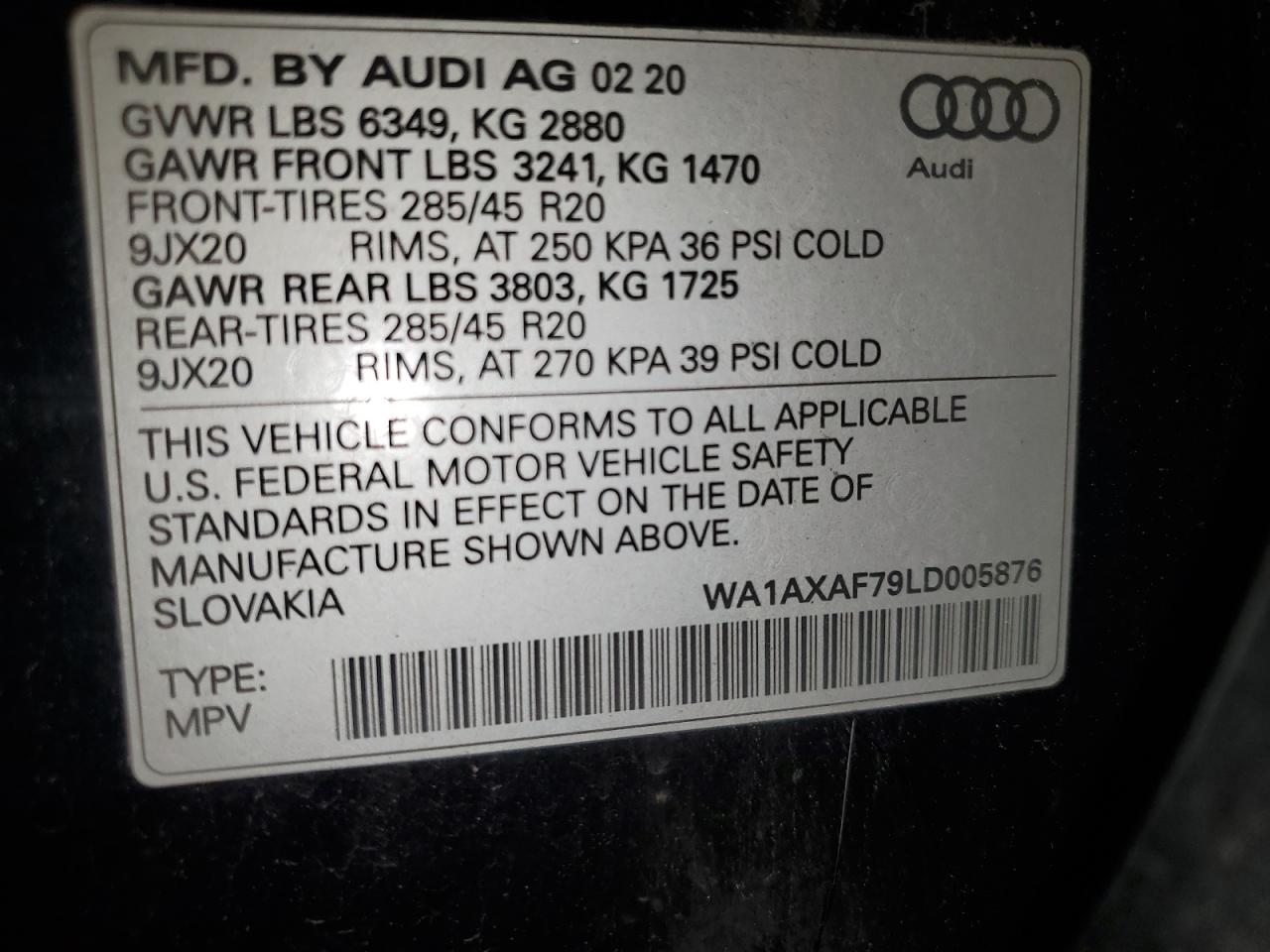 2020 Audi Q7 Premium VIN: WA1AXAF79LD005876 Lot: 71096715