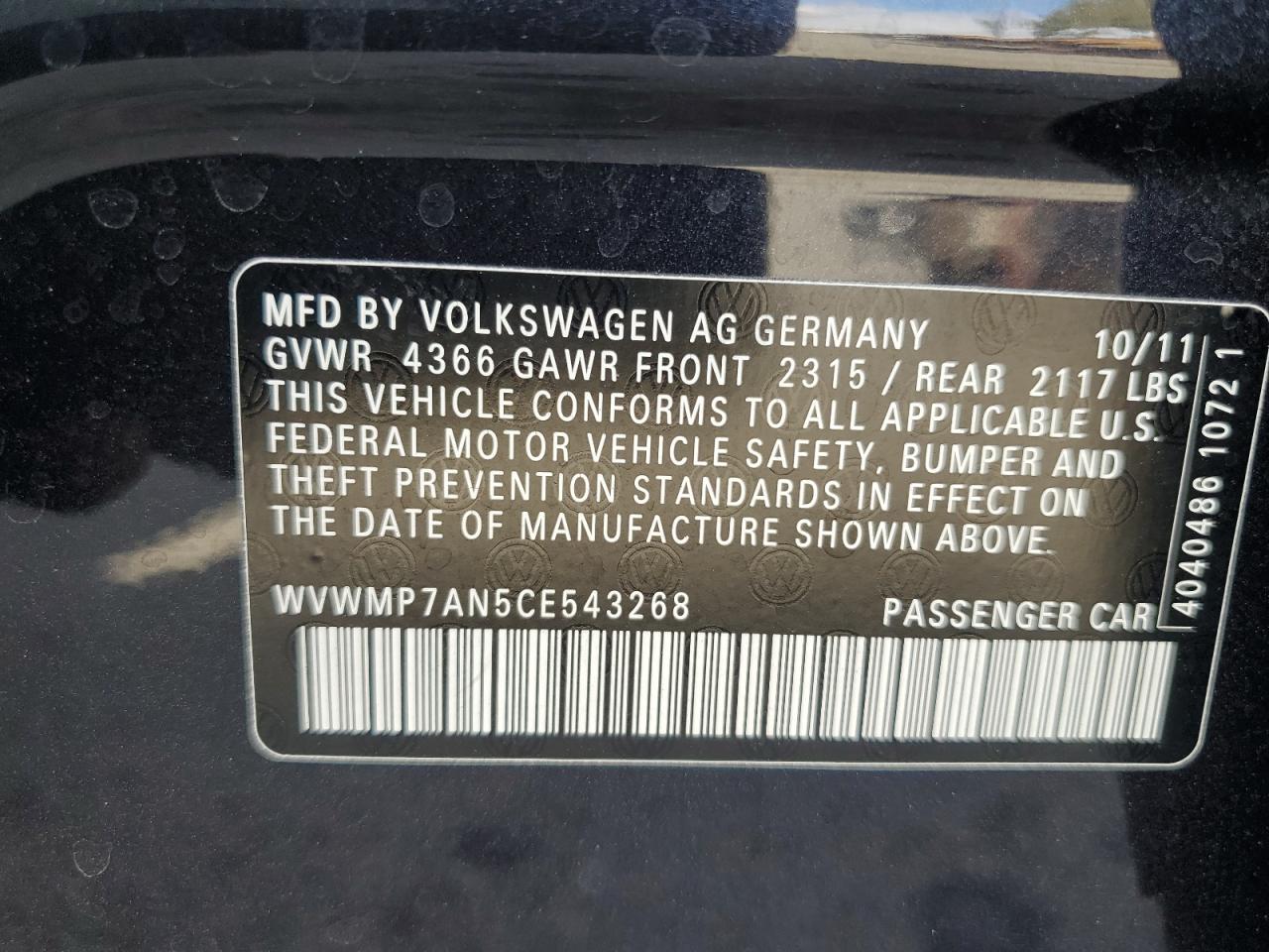 2012 Volkswagen Cc Sport VIN: WVWMP7AN5CE543268 Lot: 84303445