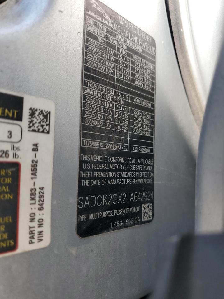 2020 Jaguar F-Pace Prestige VIN: SADCK2GX2LA642924 Lot: 80755945