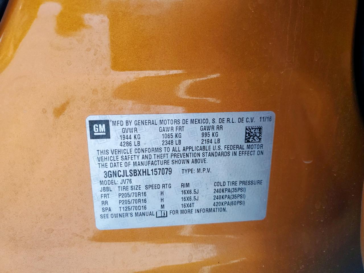 2017 Chevrolet Trax 1Lt VIN: 3GNCJLSBXHL157079 Lot: 82083675