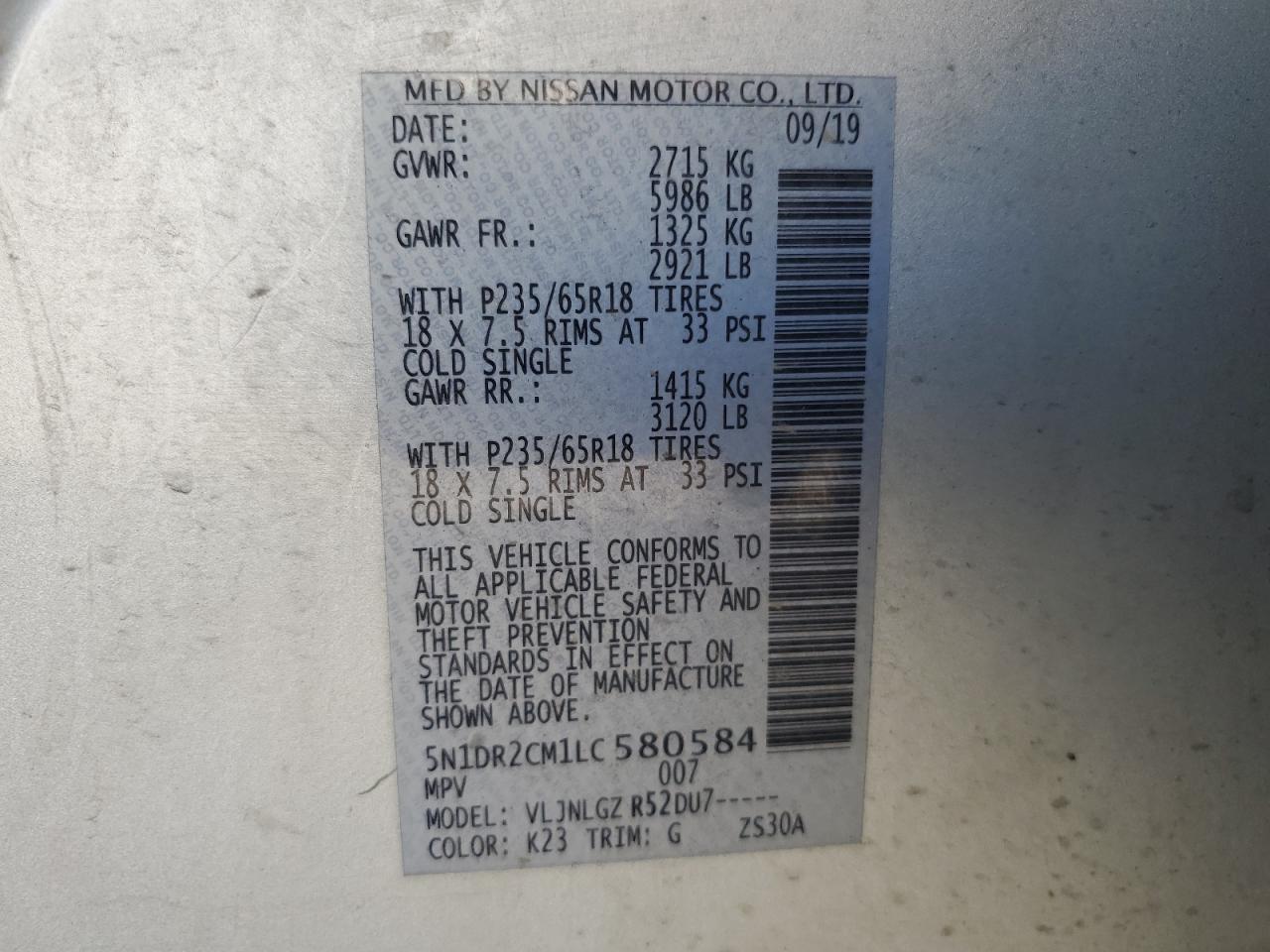 2020 Nissan Pathfinder Sl VIN: 5N1DR2CM1LC580584 Lot: 80542405