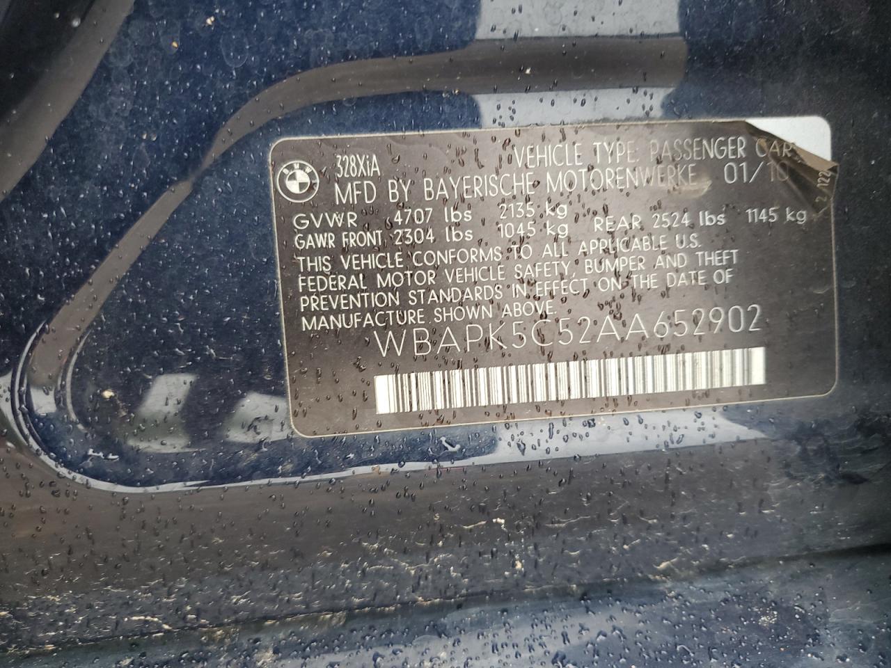 2010 BMW 328 Xi Sulev VIN: WBAPK5C52AA652902 Lot: 84583575