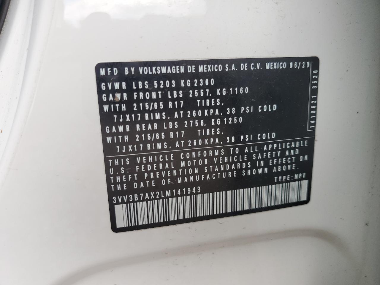 2020 Volkswagen Tiguan Se VIN: 3VV3B7AX2LM141943 Lot: 81614705