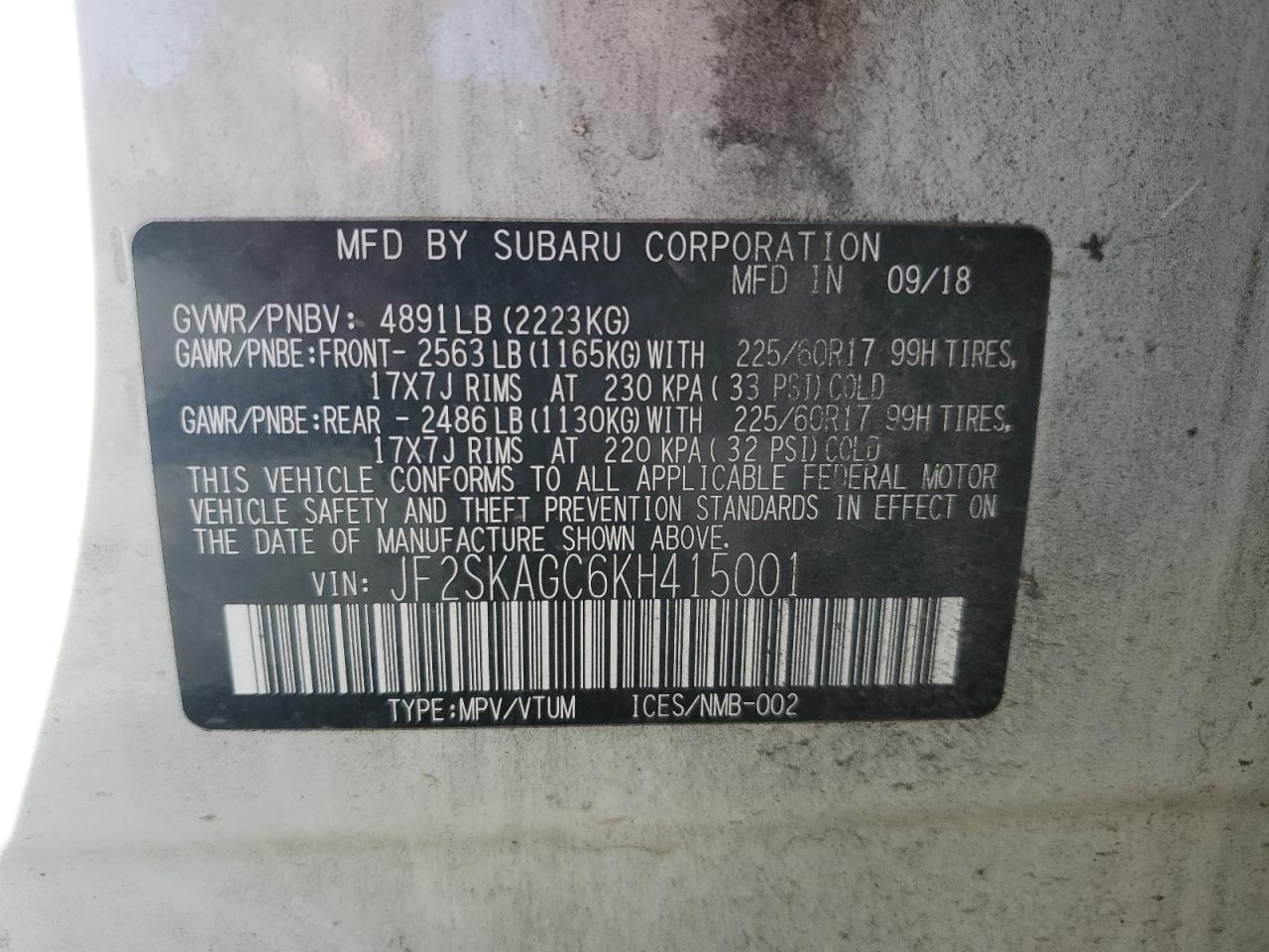 2019 Subaru Forester Premium VIN: JF2SKAGC6KH415001 Lot: 82164185