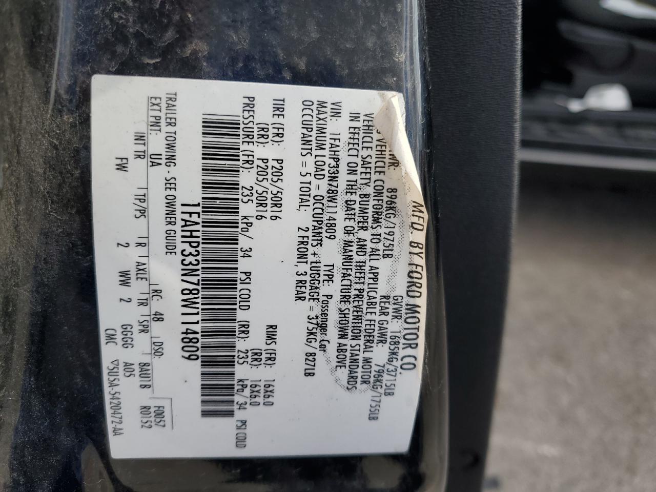 2008 Ford Focus Se VIN: 1FAHP33N78W114809 Lot: 83980975