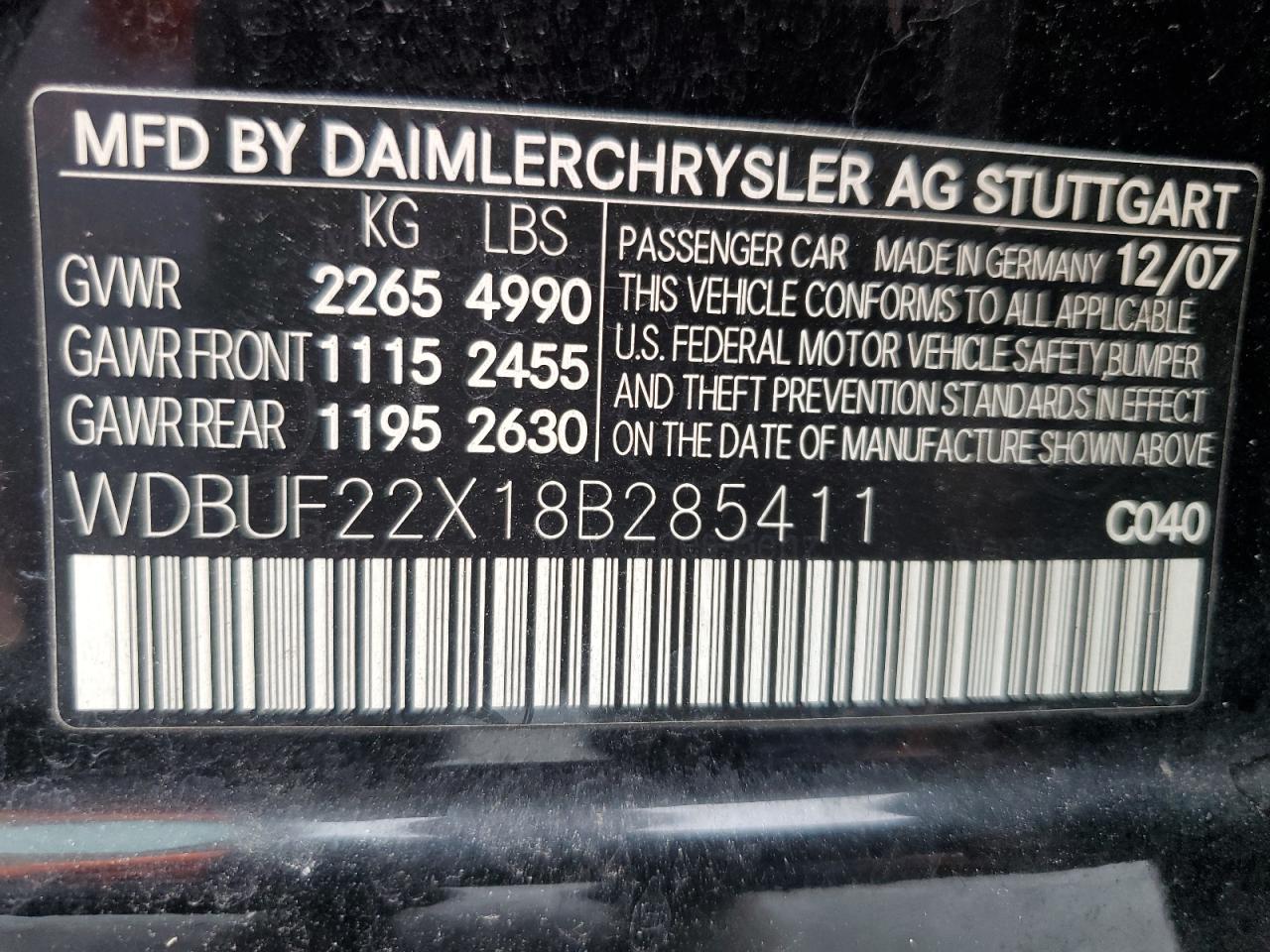 2008 Mercedes-Benz E 320 Cdi VIN: WDBUF22X18B285411 Lot: 71995075