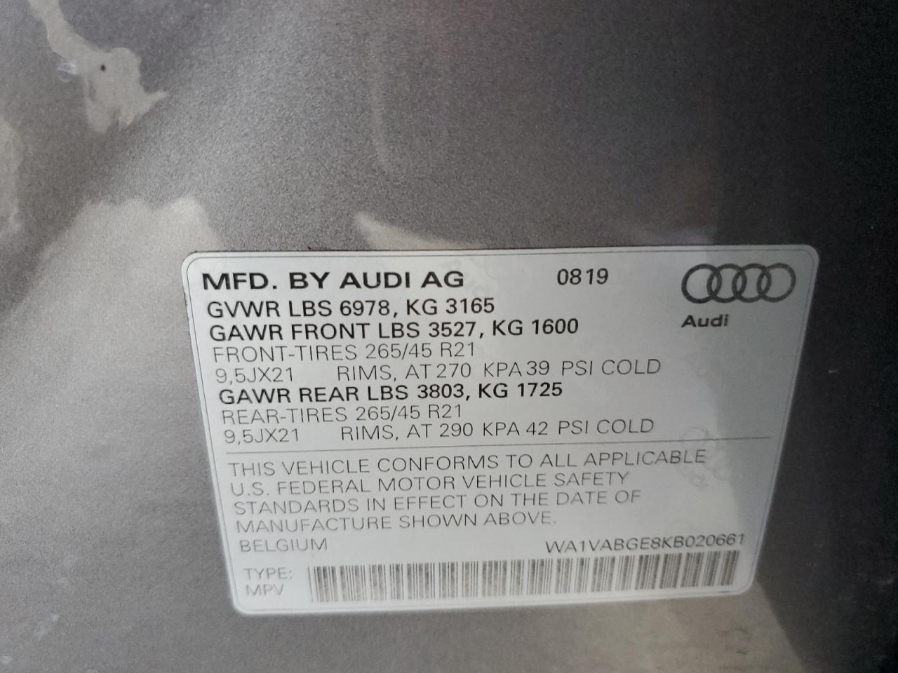 2019 Audi E-Tron Prestige VIN: WA1VABGE8KB020661 Lot: 72103635