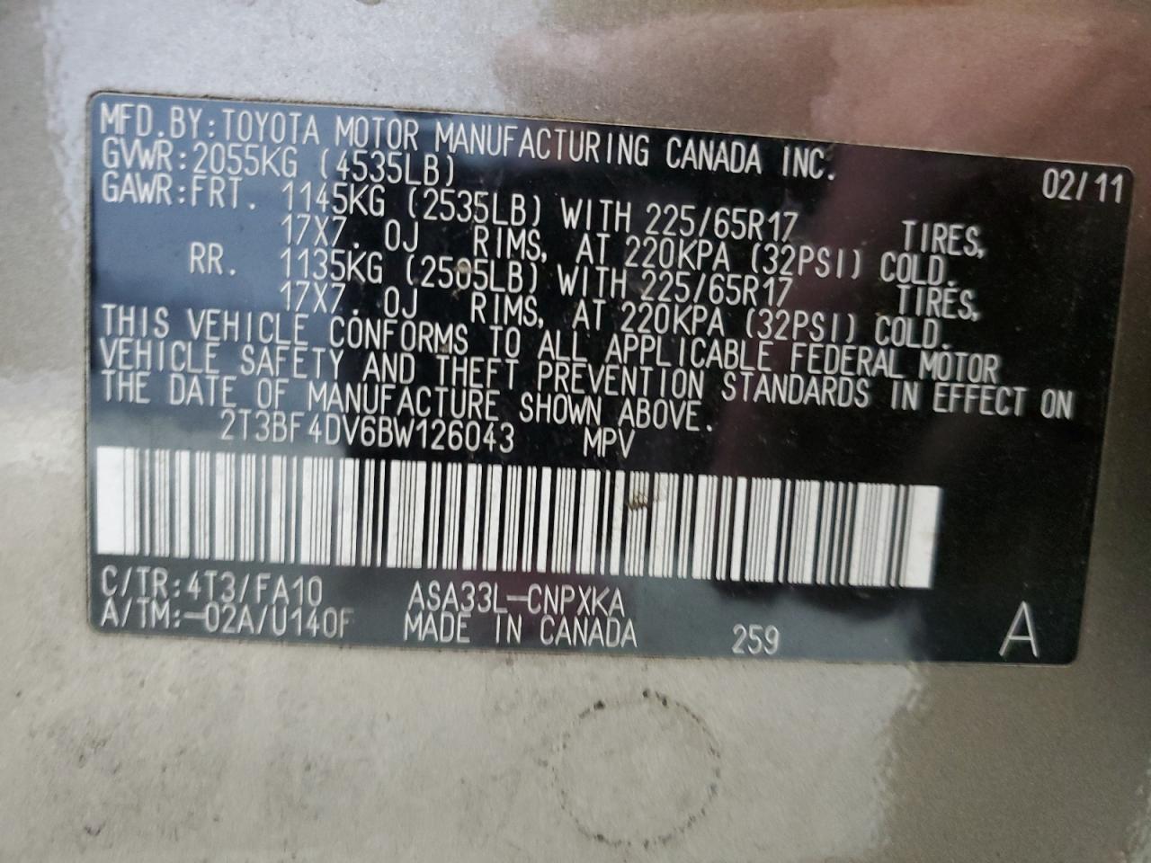 2011 Toyota Rav4 VIN: 2T3BF4DV6BW126043 Lot: 80610185