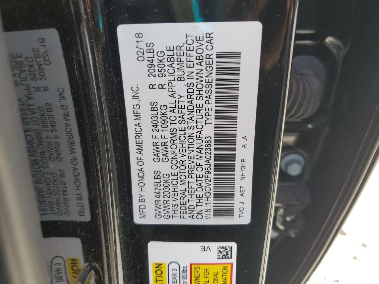 2018 Honda Accord Touring VIN: 1HGCV2F96JA023683 Lot: 83939435