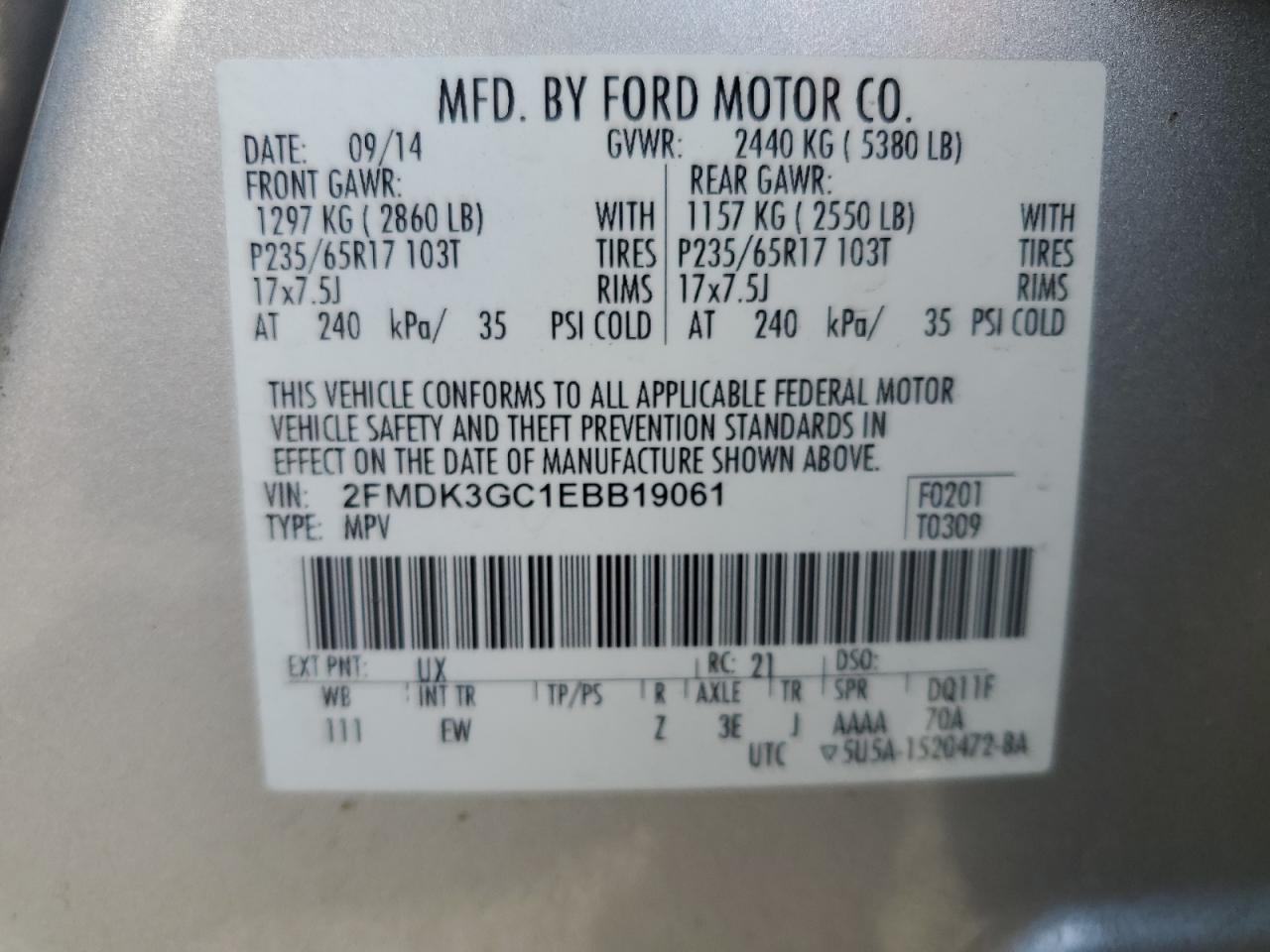 2014 Ford Edge Se VIN: 2FMDK3GC1EBB19061 Lot: 81637915