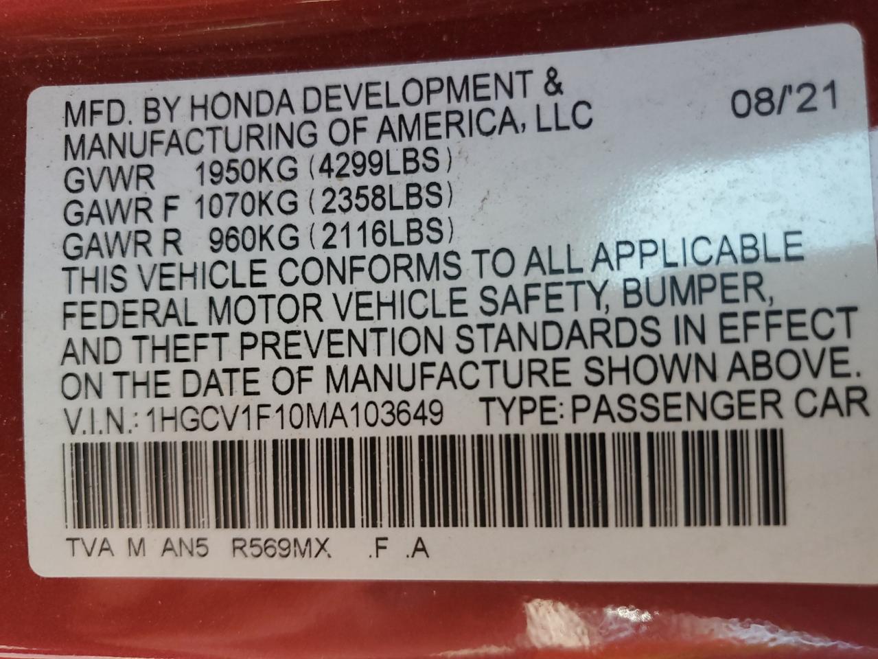 2021 Honda Accord Lx VIN: 1HGCV1F10MA103649 Lot: 81512595