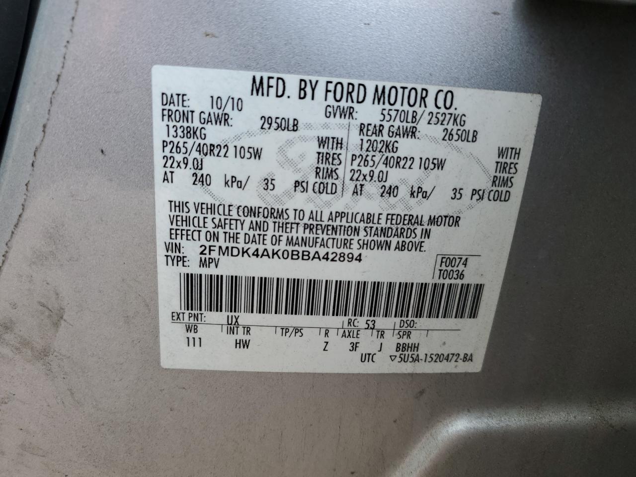 2011 Ford Edge Sport VIN: 2FMDK4AK0BBA42894 Lot: 80157505