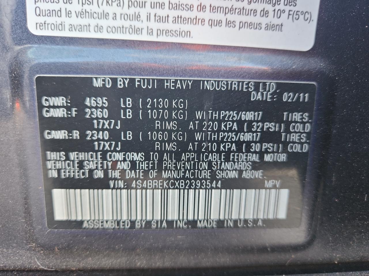 2011 Subaru Outback 3.6R Limited VIN: 4S4BREKCXB2393544 Lot: 80168715