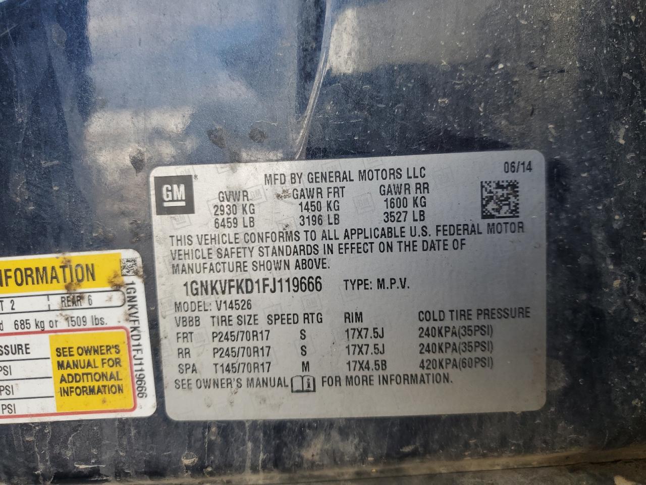 2015 Chevrolet Traverse Ls VIN: 1GNKVFKD1FJ119666 Lot: 81396995