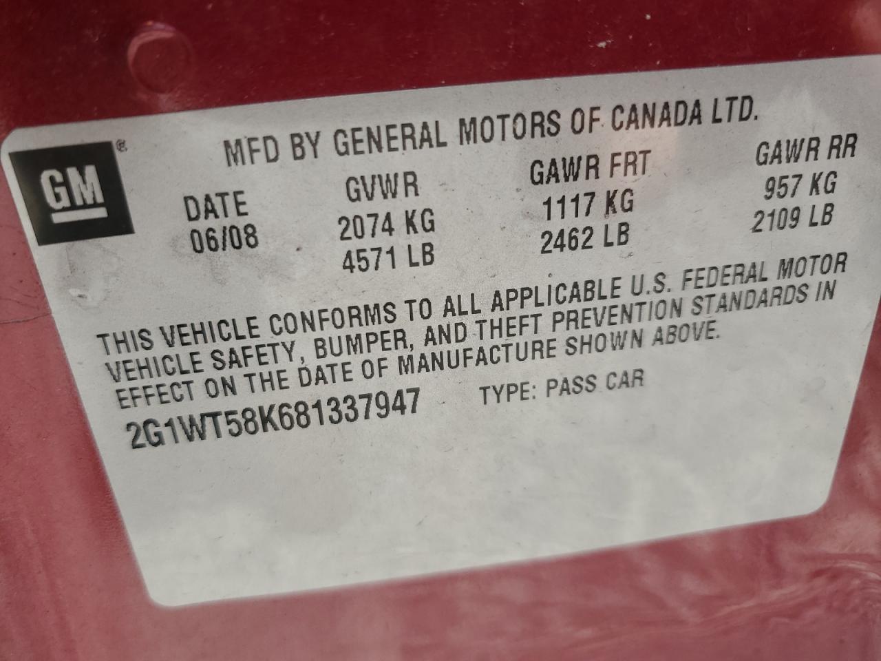 2008 Chevrolet Impala Lt VIN: 2G1WT58K681337947 Lot: 70575495