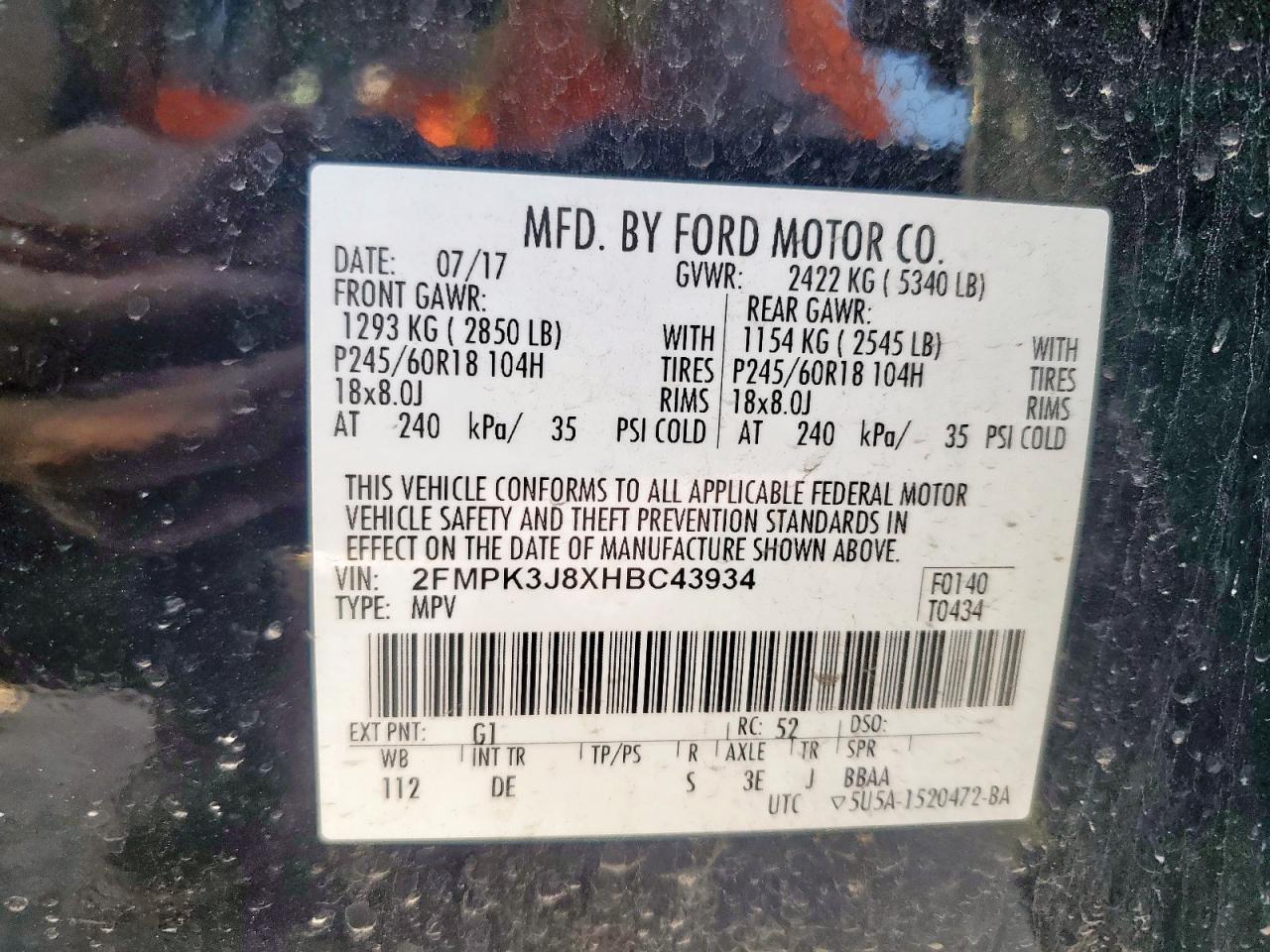 2017 Ford Edge Sel VIN: 2FMPK3J8XHBC43934 Lot: 72086245