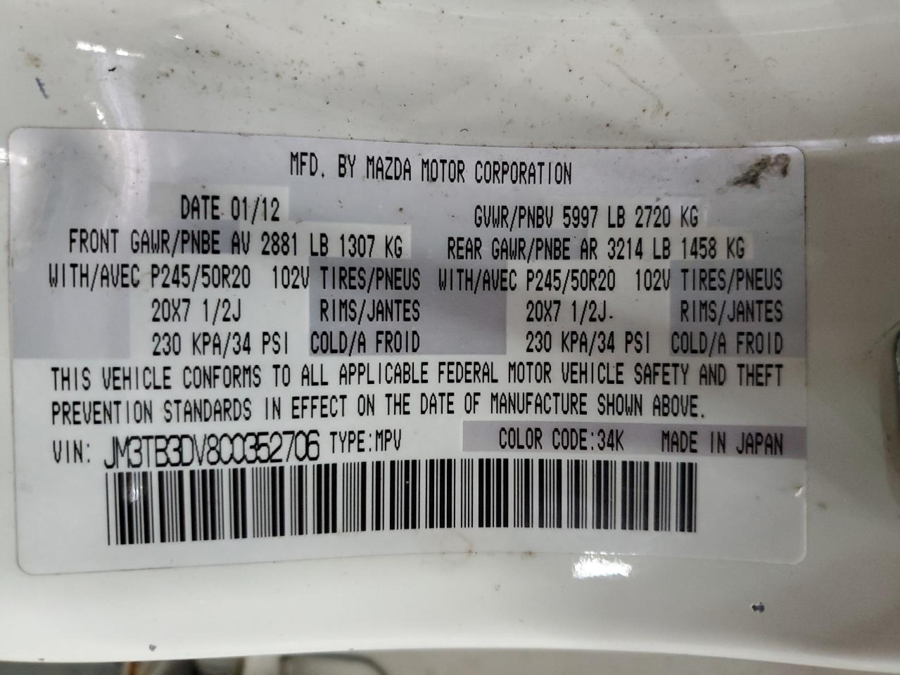 2012 Mazda Cx-9 VIN: JM3TB3DV8C0352706 Lot: 71443575
