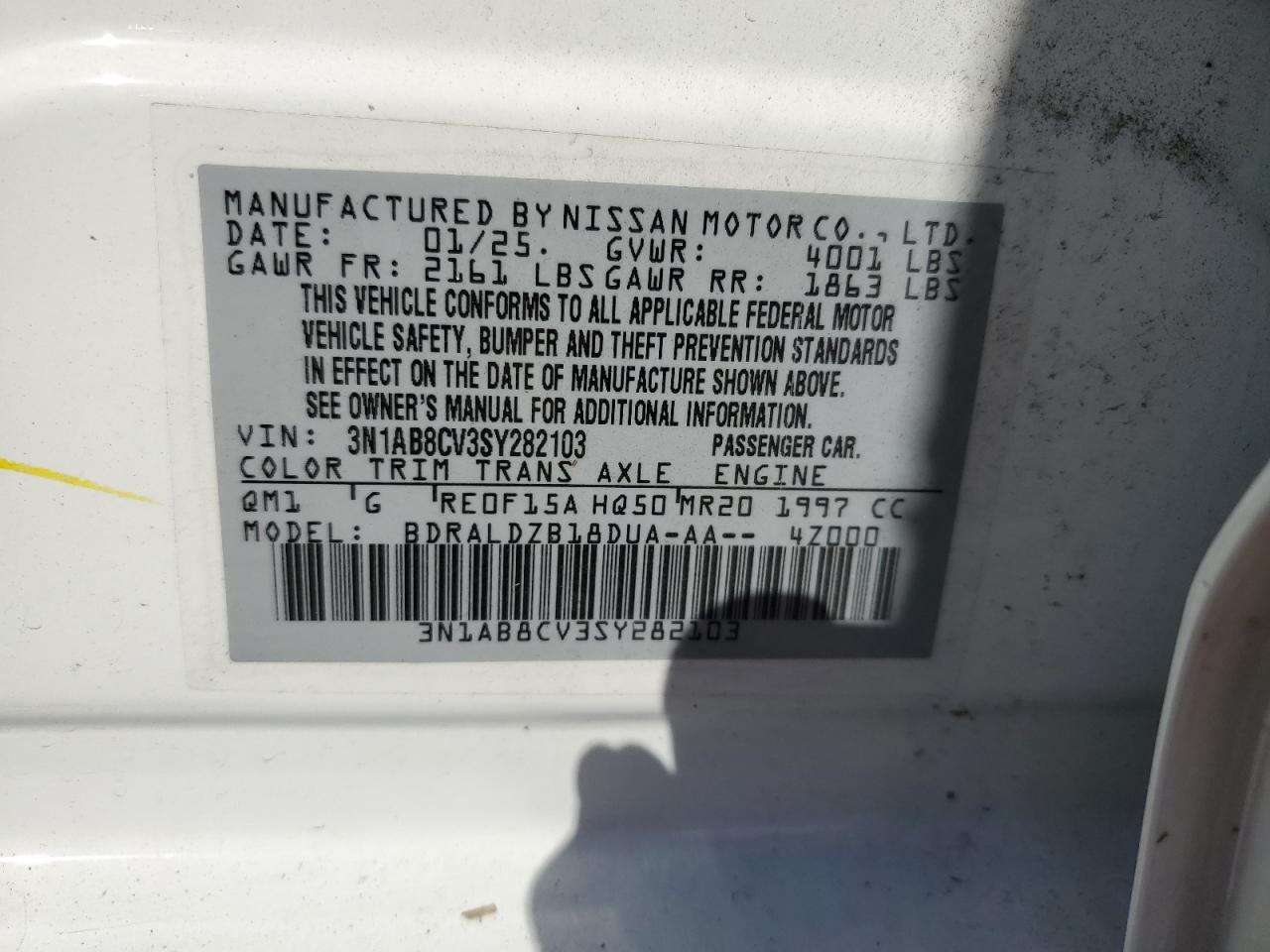 2025 Nissan Sentra Sv VIN: 3N1AB8CV3SY282103 Lot: 83785755