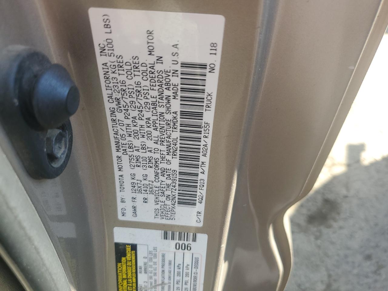 2007 Toyota Tacoma VIN: 5TEPX42NX7Z439159 Lot: 81238825