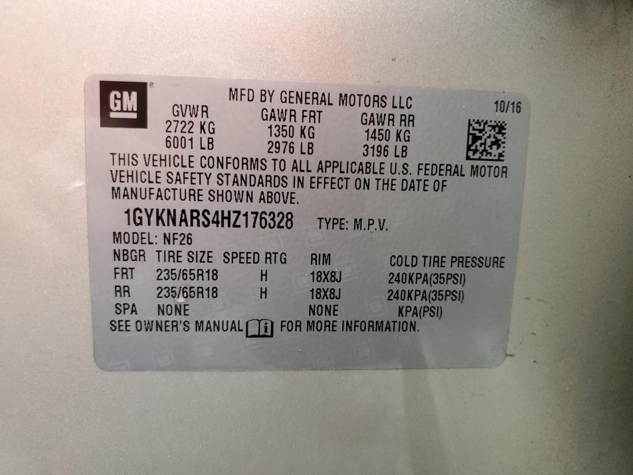 2017 Cadillac Xt5 VIN: 1GYKNARS4HZ176328 Lot: 71372835